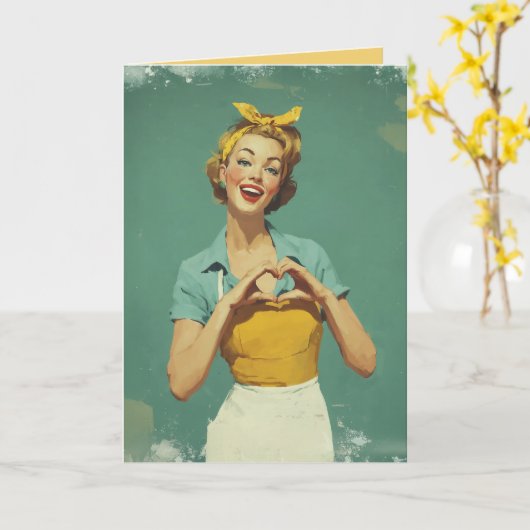 Retro Woman Sending Love カード (黄色い花)