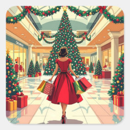 Retro Woman Shopping Mid Century Christmas スクエアシール