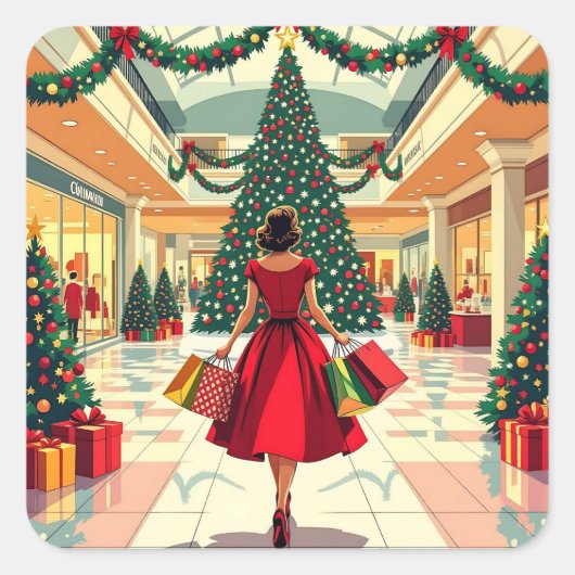 Retro Woman Shopping Mid Century Christmas スクエアシール (正面)