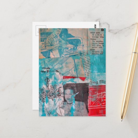 Retro Woodworking Man Woman Flowers Collage  ポストカード (正面/裏面インサイチュ)