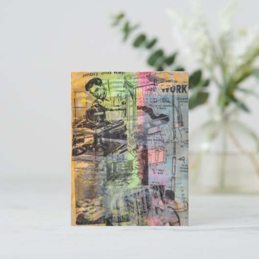 Retro Woodworking Men Mixed Media Collage  ポストカード (スタンド正面)