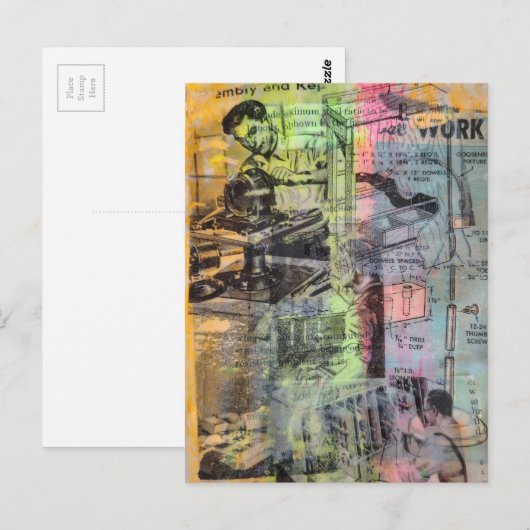 Retro Woodworking Men Mixed Media Collage  ポストカード (正面/裏面)