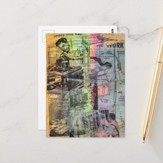 Retro Woodworking Men Mixed Media Collage ポストカード (正面/裏面インサイチュ)