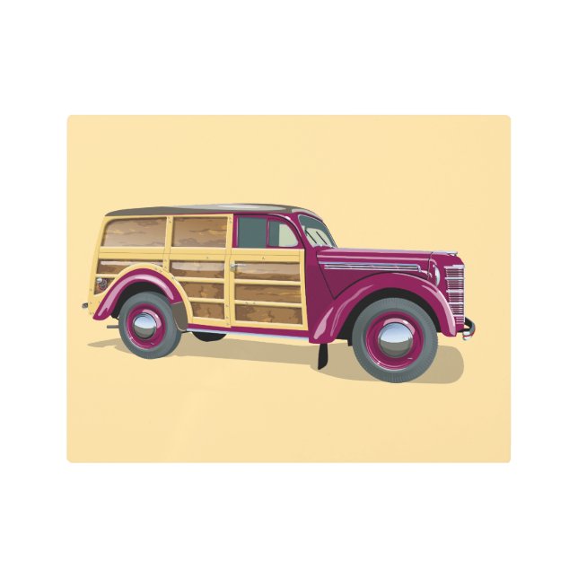 Retro woody wagon delivery truck  メタルプリント (正面)
