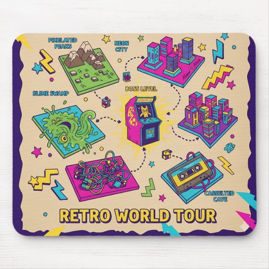Retro World Tour Arcade Map – Pixel Gaming Art マウスパッド (正面)