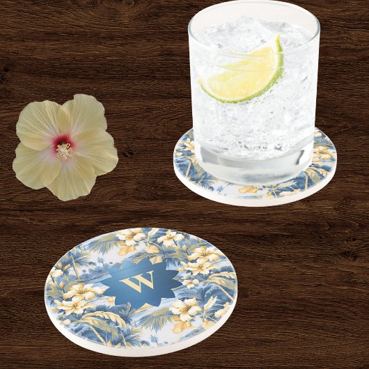 Retro Yellow Blue Floral n Tropical Palms Initial  コースター