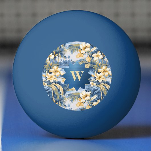 Retro Yellow Blue Floral n Tropical Palms Initial  卓球ボール