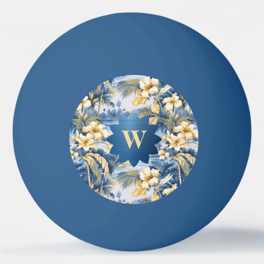 Retro Yellow Blue Floral n Tropical Palms Initial 卓球ボール (正面)
