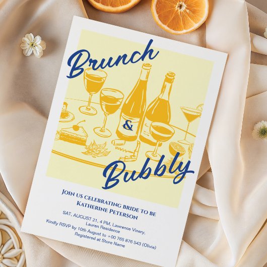 Retro yellow “Brunch & Bubbly” Bridal Shower 招待状