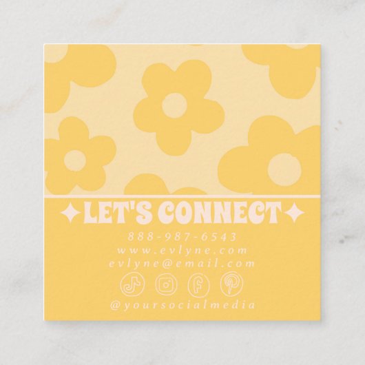 Retro Yellow Cream Groovy Floral Trendy Fun Boho スクエア名刺 (裏面)