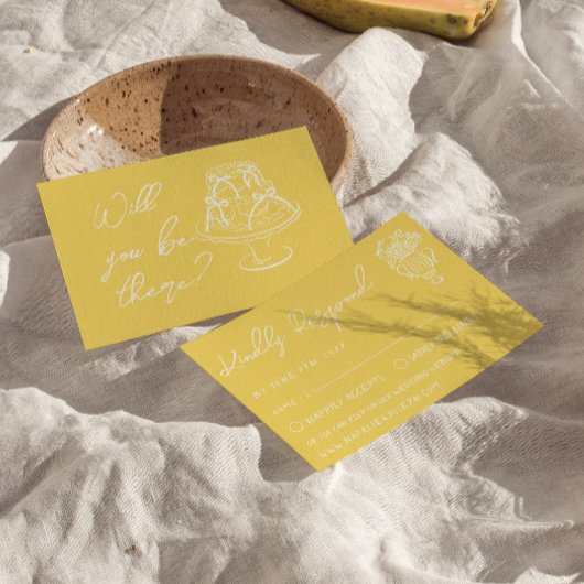Retro Yellow  Hand Drawn Cake Floral Wedding 出欠カード