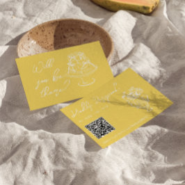 Retro Yellow Hand Drawn Floral QR Code Wedding  出欠カード