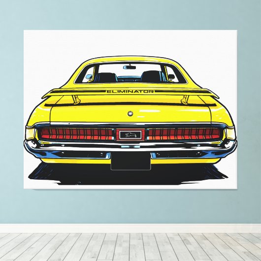 Retro Yellow Muscle Car Rear Pop Art Illustration キャンバスプリント (インサイチュ (ウッドフロア))
