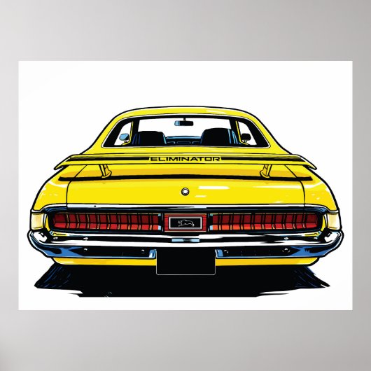 Retro Yellow Muscle Car Rear Pop Art Illustration ポスター (正面)
