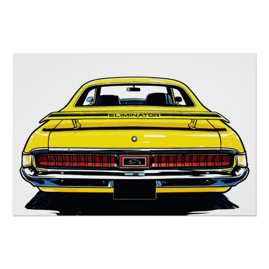 Retro Yellow Muscle Car Rear Pop Art Illustration ポスター (正面)