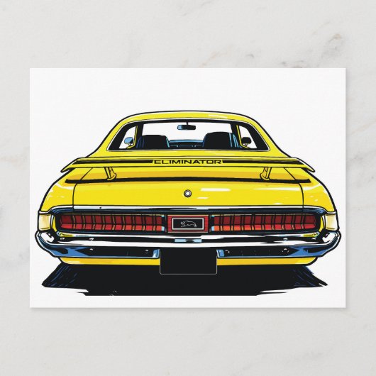 Retro Yellow Muscle Car Rear Pop Art Illustration ポストカード (正面)