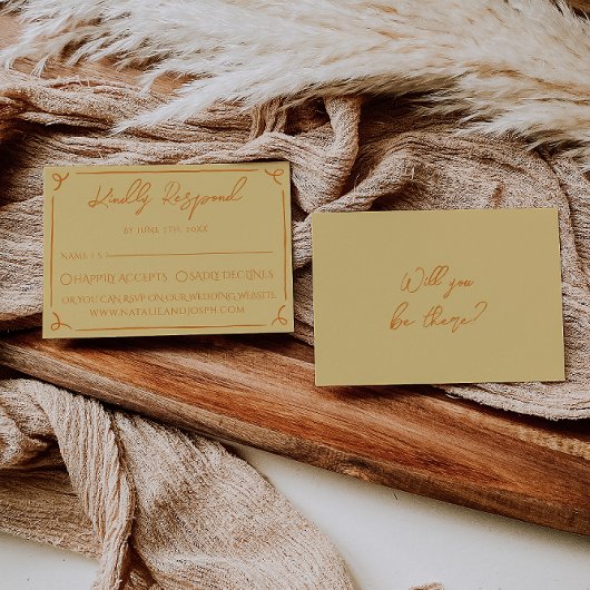 Retro Yellow Orange Hand Written Drawn Wedding 出欠カード