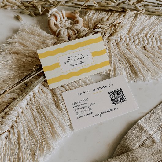 Retro Yellow Wavy Stripes Trendy Boho QR Code Fun 名刺