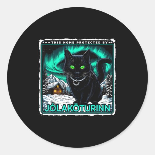 Retro Yule Cat Icelandic This Home Protected Jólak ラウンドシール (正面)