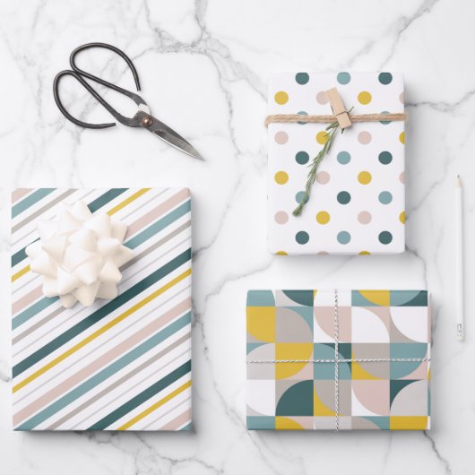 RetroMod Patterns Aqua Teal Blue Blush Pink Yellow ラッピングペーパーシート (正面)