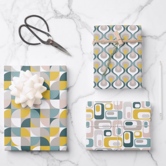 RetroMod Patterns Aqua Teal Blue Blush Pink Yellow ラッピングペーパーシート (正面)