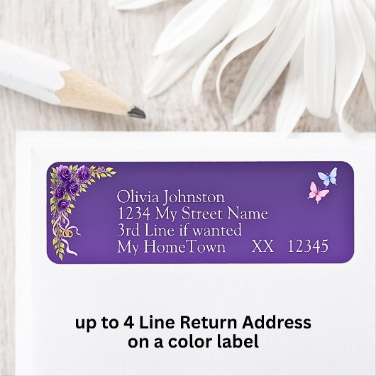 Return Address Labels, Purple Mauve Flowers White ラベル
