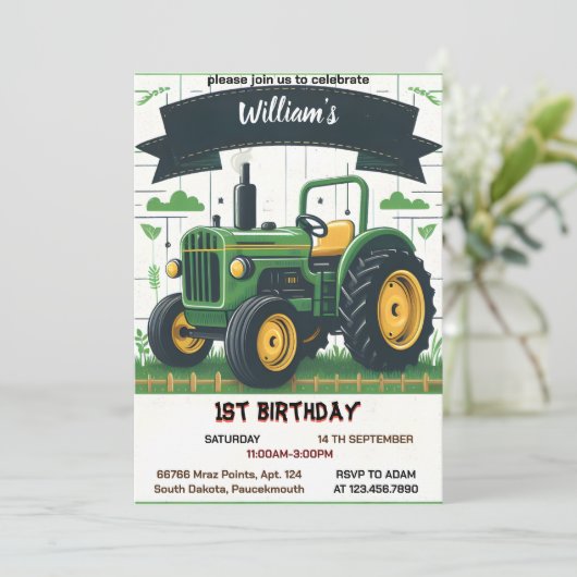 Revキッズレトロ男のクール子トラクター最初の1歳の誕生日 招待状 (スタンド正面)