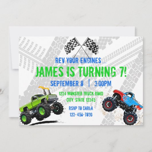Rev Your Enginesモンスタートラック誕生日招待状 招待状 (正面)
