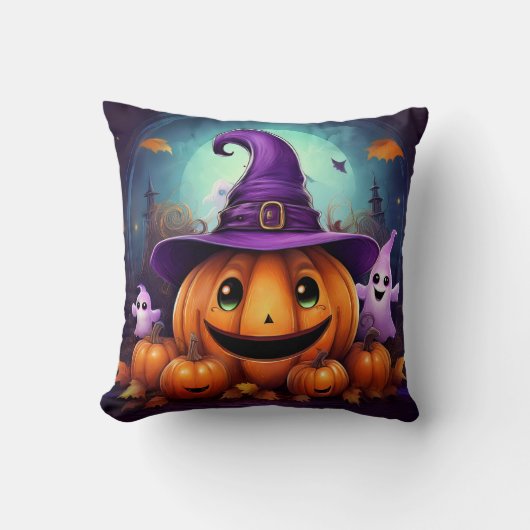 Reversible Autum Art / Happy Pumpkin Witch Pillow クッション (正面)