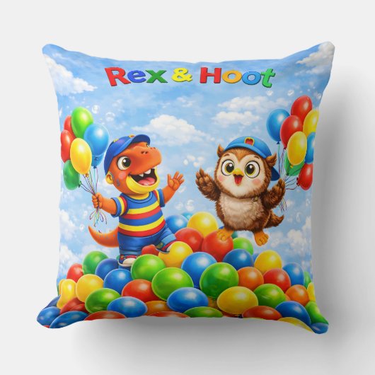 Rex and hoot ball pit adventure throw pillow クッション (正面)