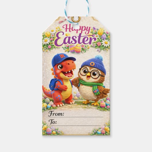 Rex and hoot happy Easter dinosaur and owl gift ta ギフトタグ (正面)