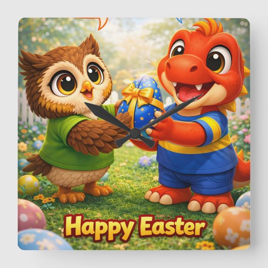 Rex and hoot happy Easter square acrylic wall cloc スクエア壁時計 (正面)