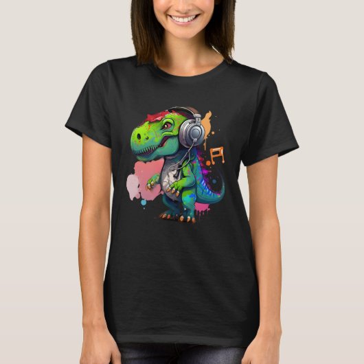 rex with headphones music cute dinosaur for kids tシャツ (正面)