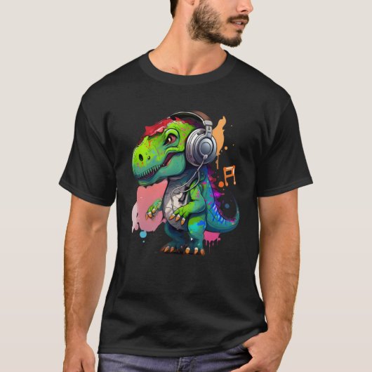 rex with headphones music cute dinosaur for kids tシャツ (正面)