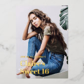 Rhinestone Glam金ゴールドモダンエレガント Sweet 16写真 箔招待状 (正面)