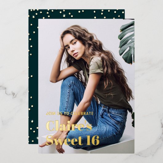 Rhinestone Glam金ゴールドモダンエレガント Sweet 16写真 箔招待状 (正面/裏面)