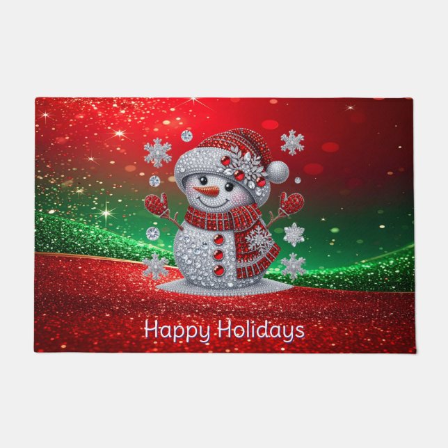 Rhinestones Snowman Holiday Doormat ドアマット (正面)