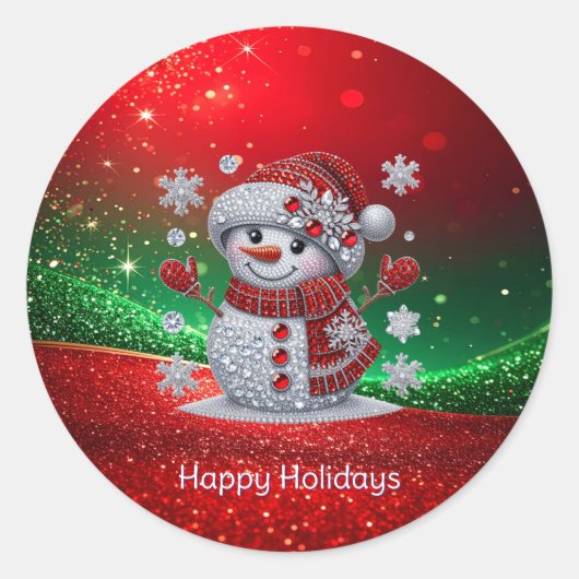 Rhinestones Snowman Holiday Sticker ラウンドシール (正面)