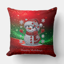 Rhinestones Snowman Holiday Throw Pillow クッション
