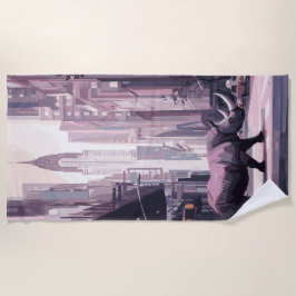 Rhino in Futuristic City Urban Surreal Art ビーチタオル