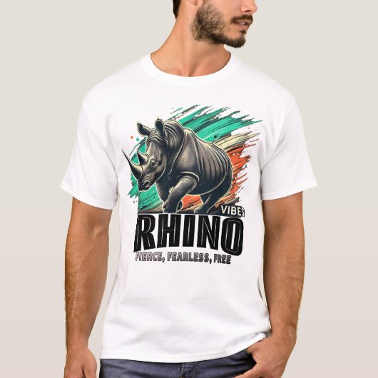 Rhino Vibes – 激しい、恐れを知らない、無料 Tシャツ (正面)