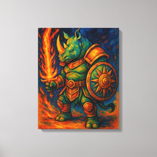 Rhino Warrior Wall Art – Fiery Sword Guardian キャンバスプリント (正面)