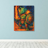 Rhino Warrior Wall Art – Fiery Sword Guardian キャンバスプリント (インサイチュ (ウッドフロア))