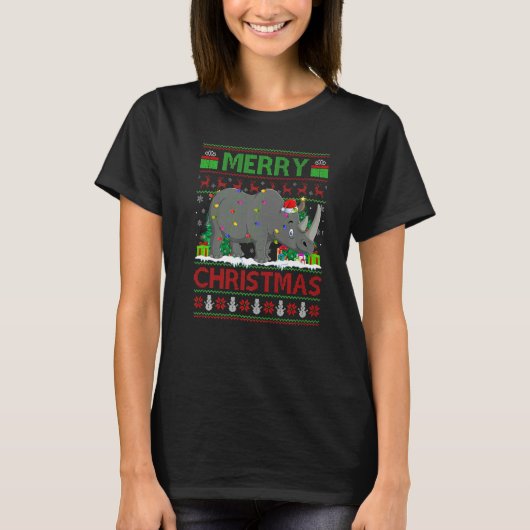 Rhino  Xmas Tree Lights Ugly Santa Rhino Christmas Tシャツ (正面)