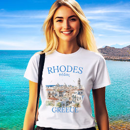 Rhodes Greece Watercolor Landscape – Greek Island  トライブレンドＴシャツ