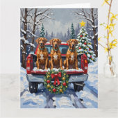 Rhodesian Ridgeback Christmas Red Truck Holiday カード (黄色い花)