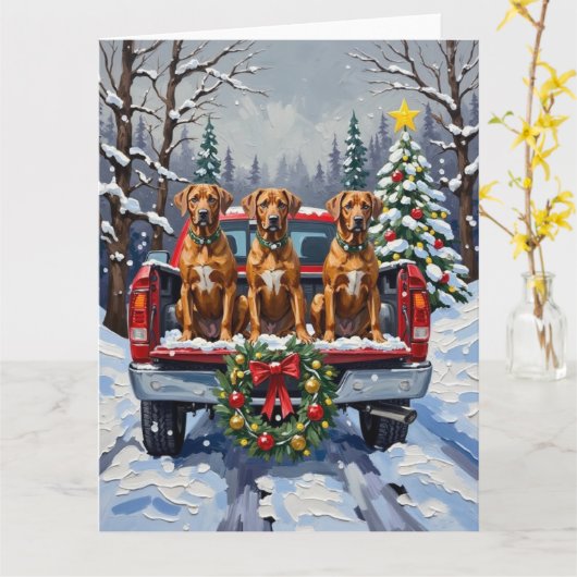 Rhodesian Ridgeback Christmas Red Truck Holiday カード (黄色い花)