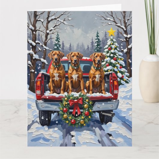 Rhodesian Ridgeback Christmas Red Truck Holiday カード (正面)