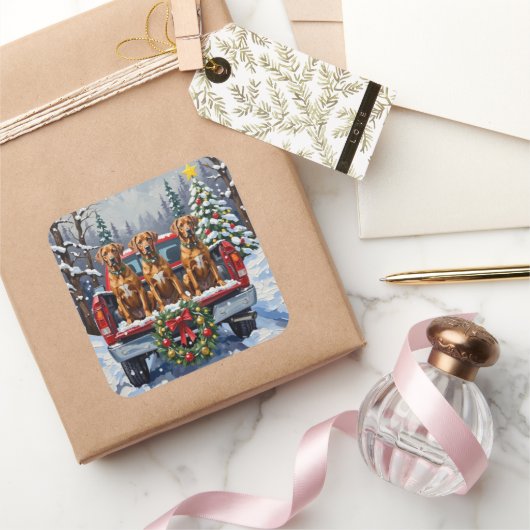 Rhodesian Ridgeback Christmas Red Truck Holiday スクエアシール (ギフト)