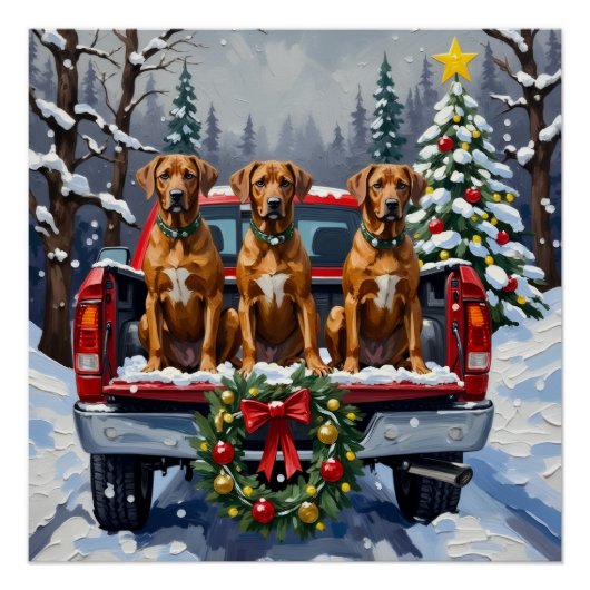 Rhodesian Ridgeback Christmas Red Truck Holiday ポスター (正面)